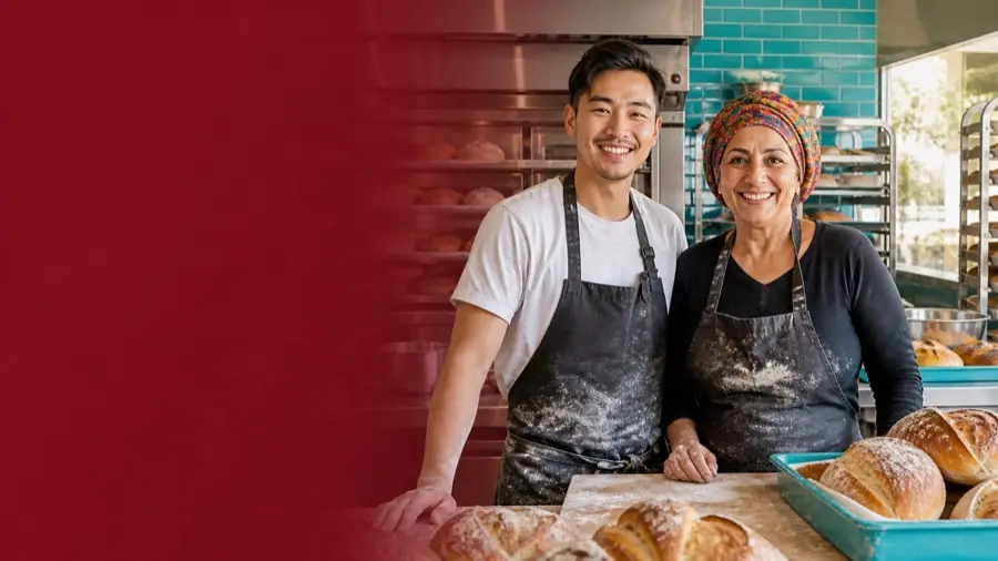 Two Australian bakery owners in their commercial kitchen