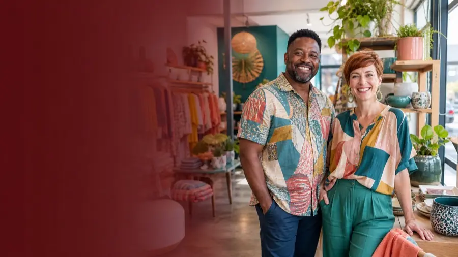 Two Australian retail owners in their colourful independent store